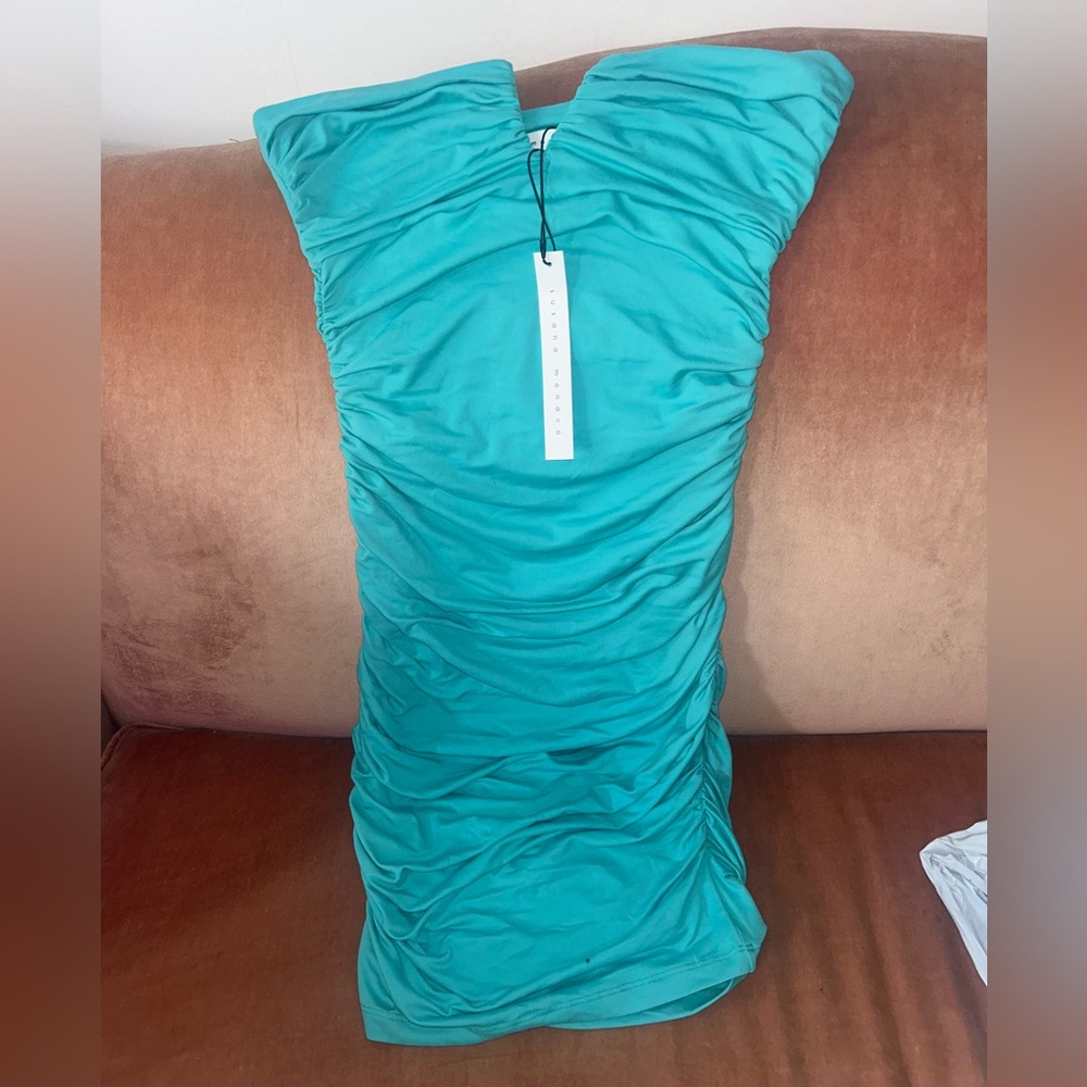 NWT TURQUOISE BLUE SUSANA MONACO SMALL RUCHED DRESS STRETCHY STRAPLESS